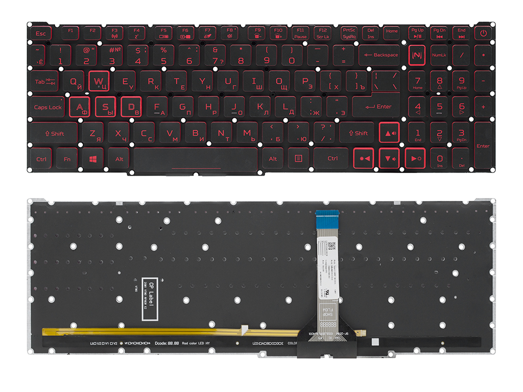 Клавиатура для ноутбука Acer Nitro 5 AN517-52 с красной подсветкой (узкий шлейф клавиатуры)
