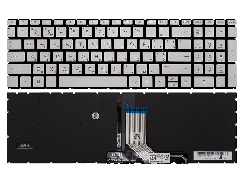 Клавиатура для ноутбука для HP Pavilion 15-eh серебряная с подсветкой (версия 2)