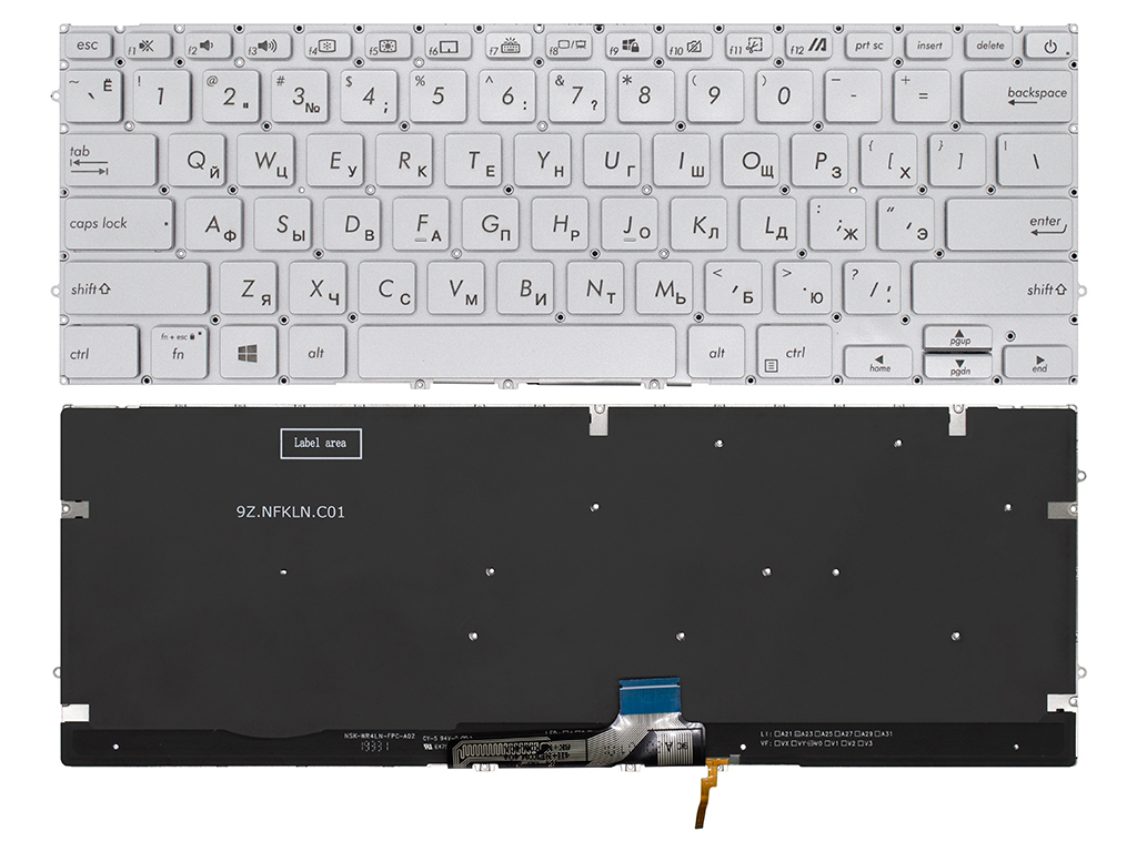 Клавиатура для ноутбука Asus ZenBook 14 UX434DA серебро с подсветкой