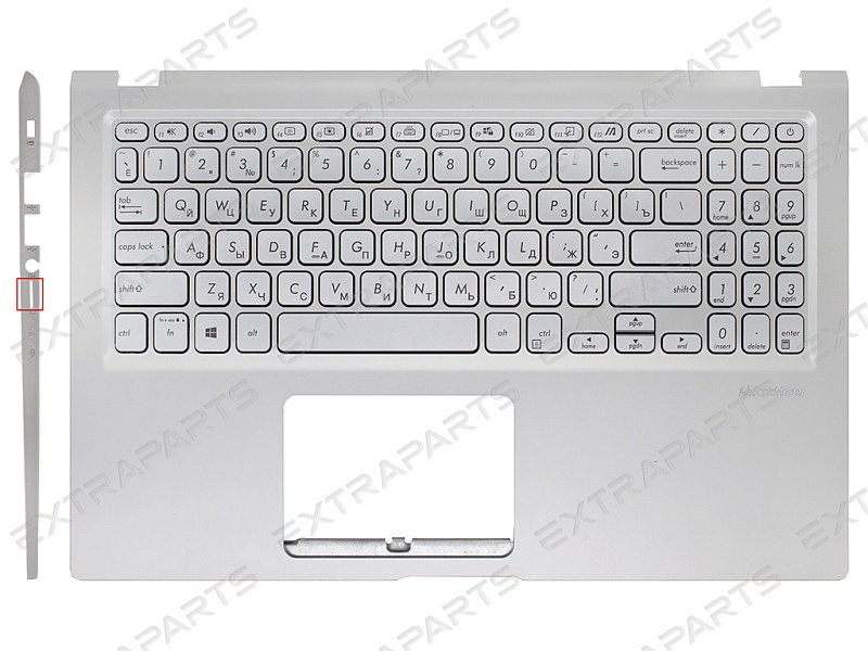 Топ-панель для ноутбука Asus X515JA серебро, серебряные клавиши с подсветкой (для моделей с SD-портом)